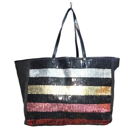 Victoria's Secret Black & Multi Sequin Striped Tote/Weekender 16"X13"X5.5" - Picture 1 of 10